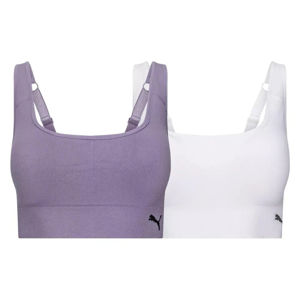 Puma Women's 2-Pack Square Neck Seamless Sports Bra, Purple/White, Medium, NWOT